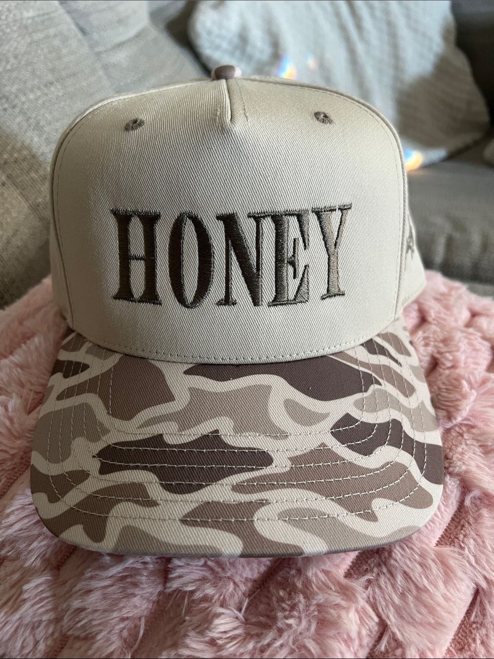Honey Embroidered Beige Camo Baseball Cap